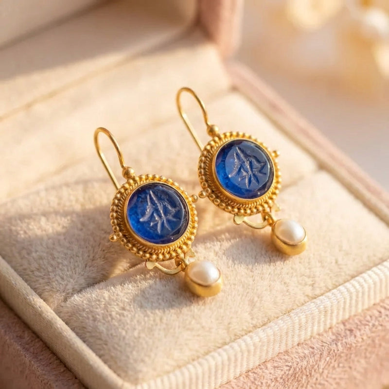 Vintage Blue Pearl Gold Earrings