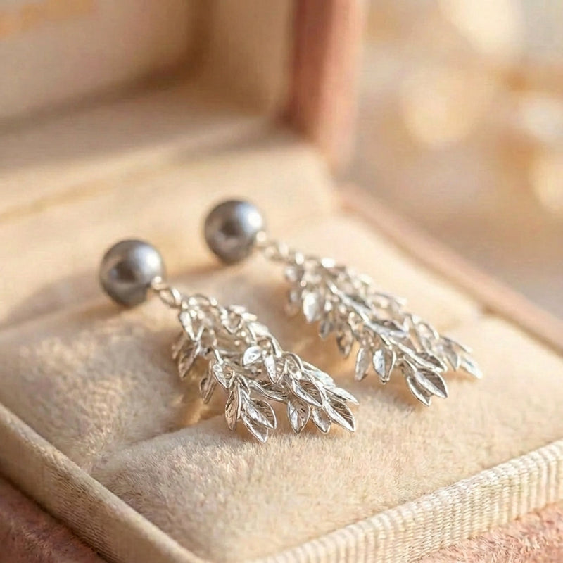 Silver Pearl Leaf Dangle Earrings