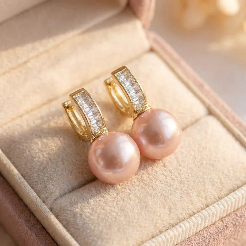 Pink Pearl Zirconia Gold Earrings