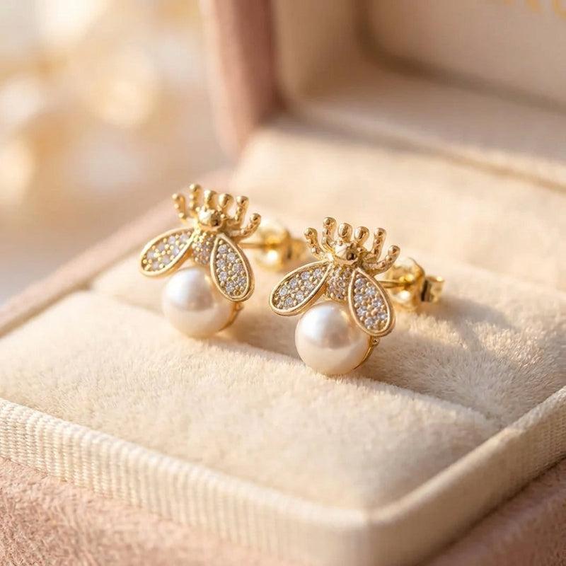Pearl And Zirconia Bee Earrings In Gold