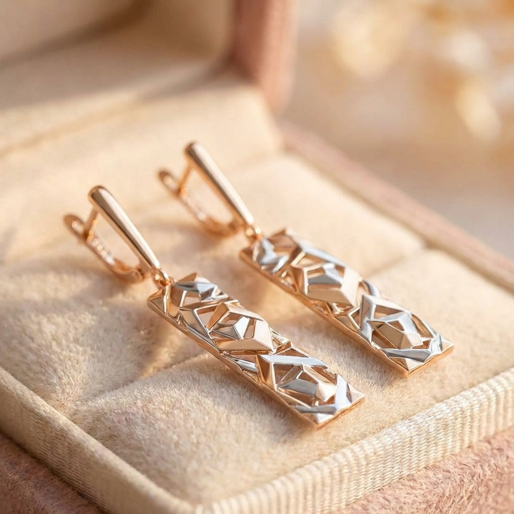Elegant Rectangular Gold And Silver Earrings