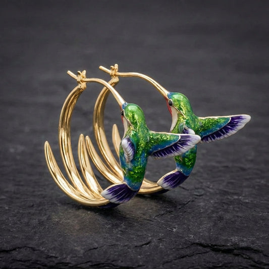 Vintage Enamel Hummingbird Hoop Earrings