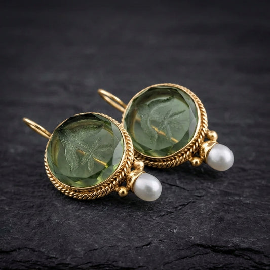 Vintage Rounded Green Stone Pearl Earrings