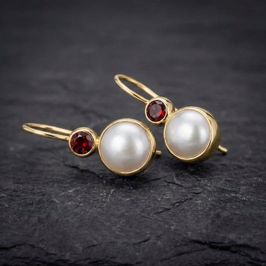 Vintage Pearl & Red Crystal Earrings