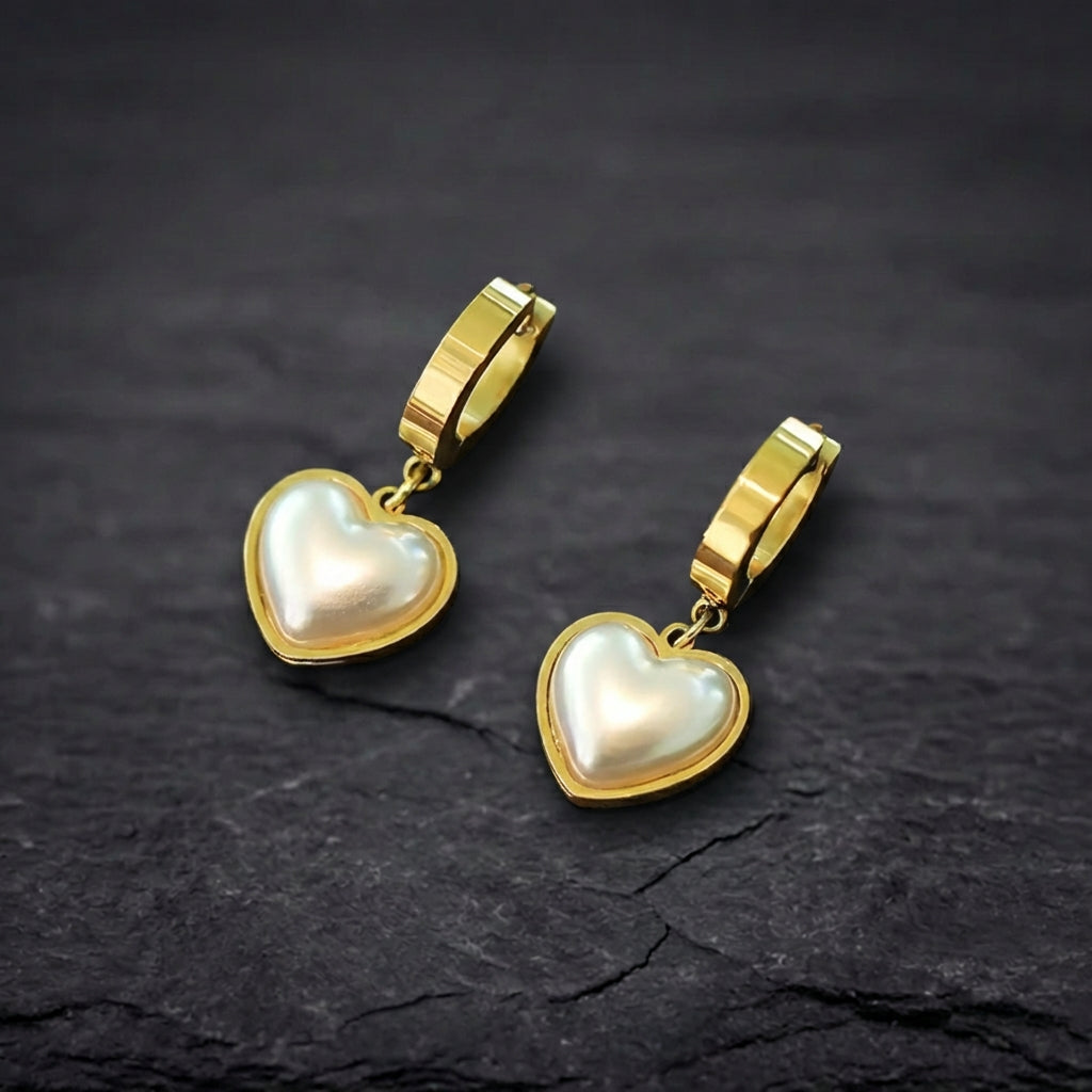 Classic Pearl Heart Gold Earrings