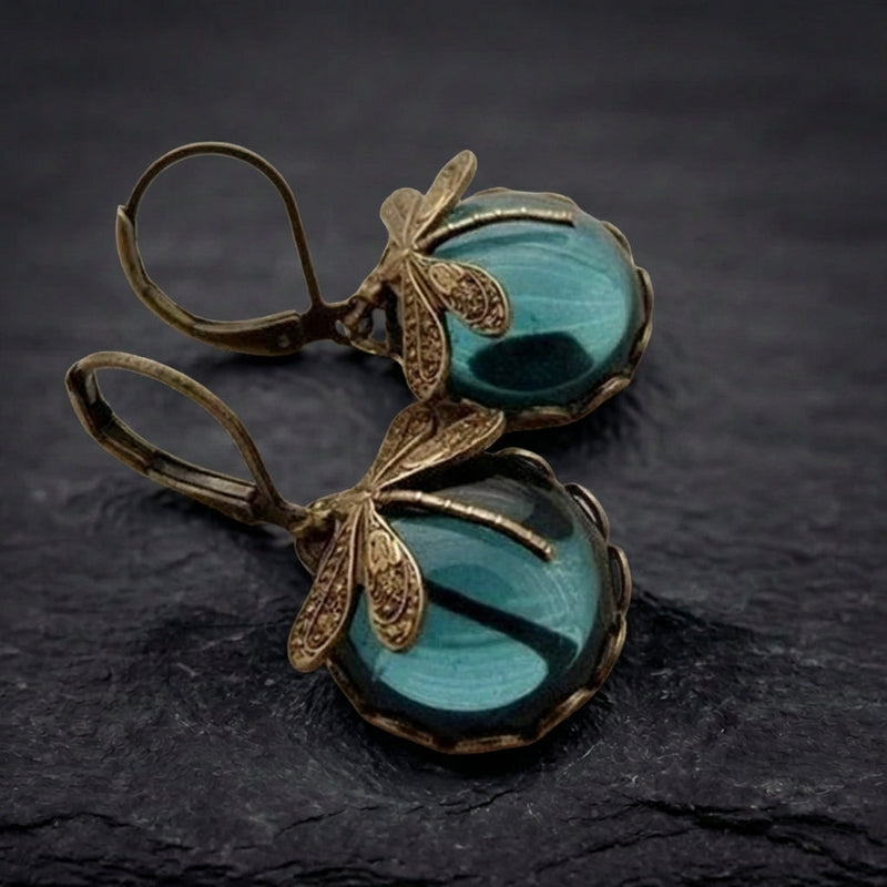 Spherical Dragonfly Earrings In Antique Gold