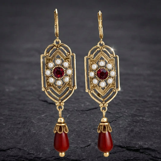 Regal Pearl Red Waterdrop Stone Earrings