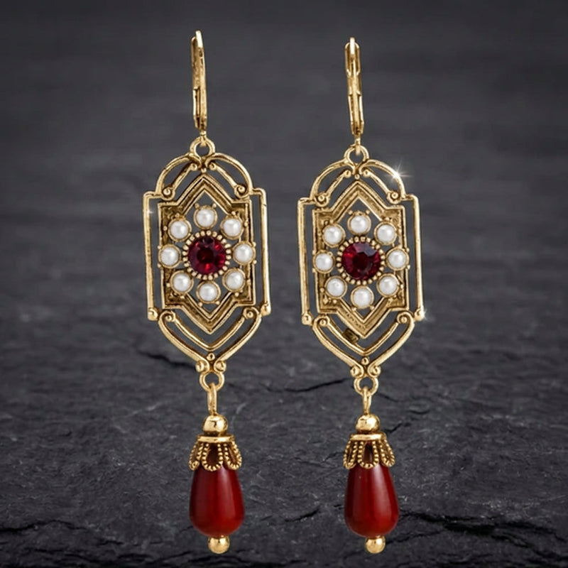 Regal Pearl Red Waterdrop Stone Earrings