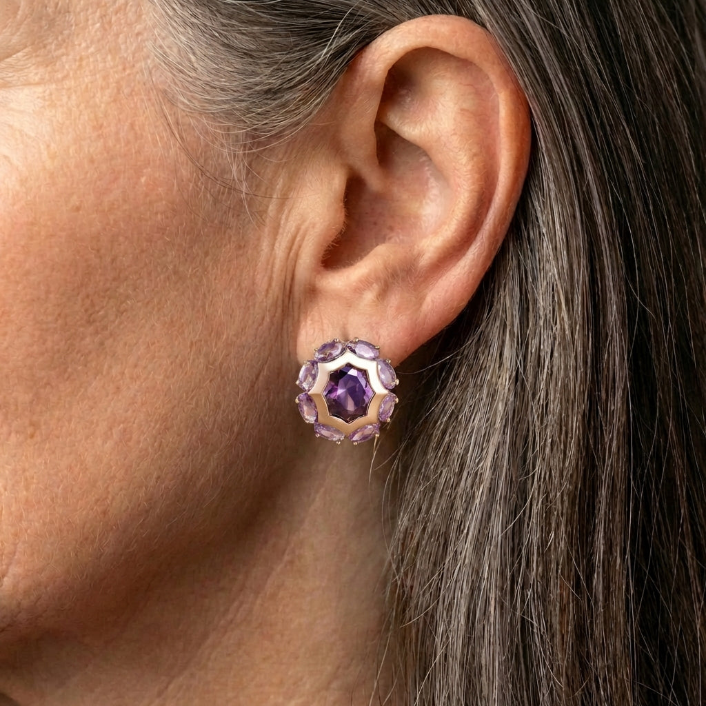 Rounded Violet Zirconia Gold Earrings