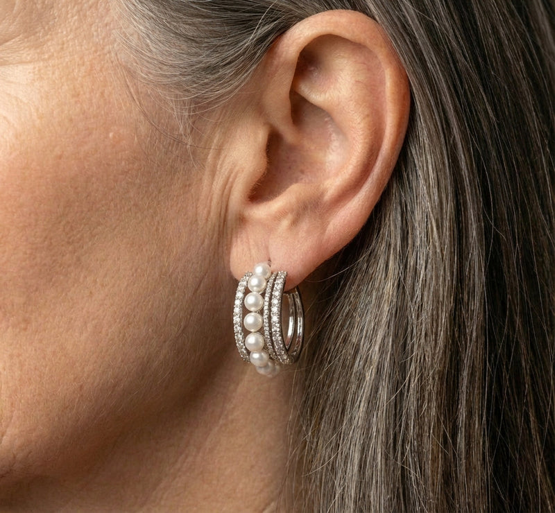 Vintage Pearl Inlaid Rhinestone Hoop Earrings