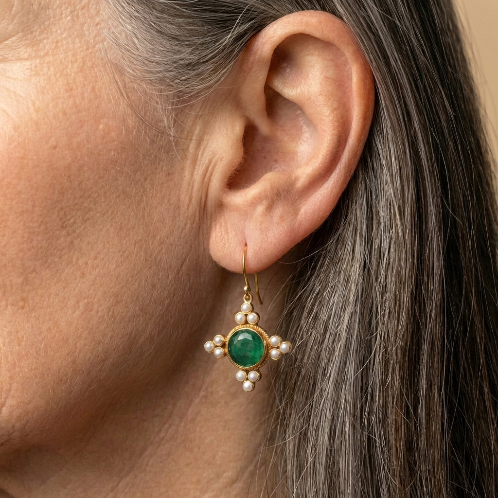 Green Crystal & Pearls Earrings
