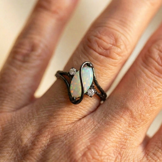 Vintage Black Silver Opal & Crystal Accent Ring
