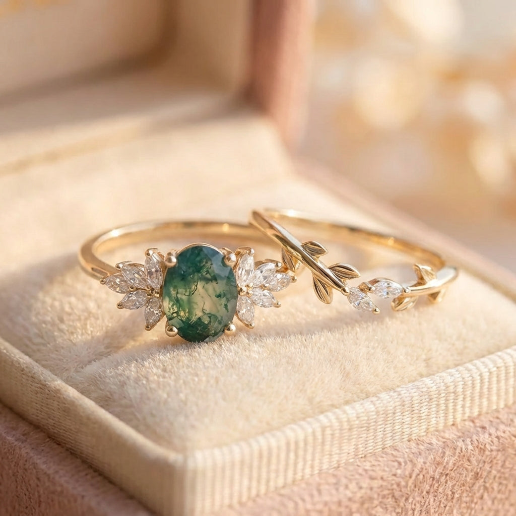 Elegant Moss Agate Ring Set