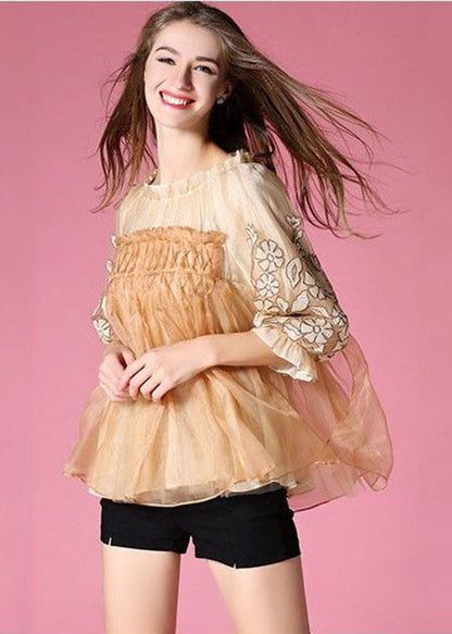 Golden Organza a Line Top Embroideried Wrinkled Half Sleeve