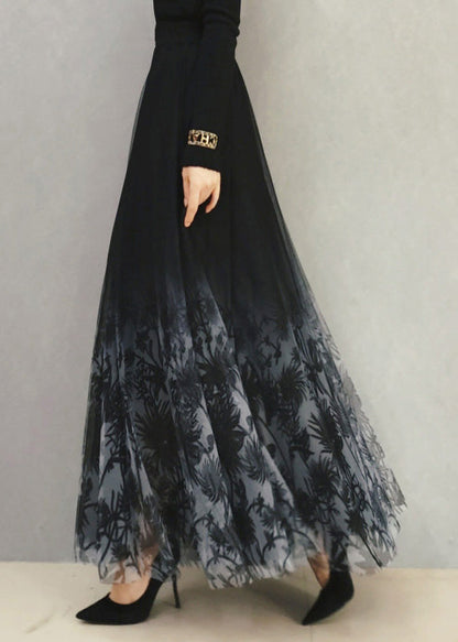 Gradient Color Black Print High Waist Tulle a Line Skirt Spring