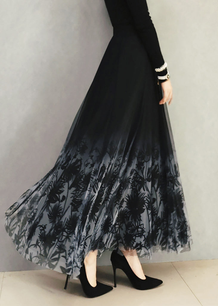 Gradient Color Black Print High Waist Tulle a Line Skirt Spring