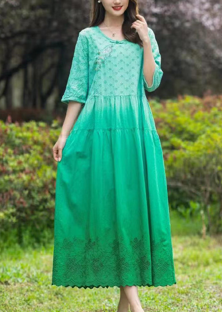 Gradient Color Blue O-neck Patchwork Tie Dye Long Dress Summer