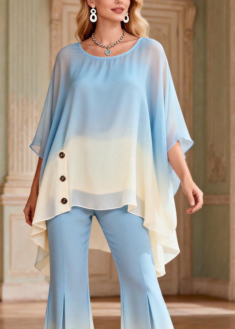 Gradient Color Blue O-neck Top and Flared Trousers Two Pieces Set Flare Sleeve
