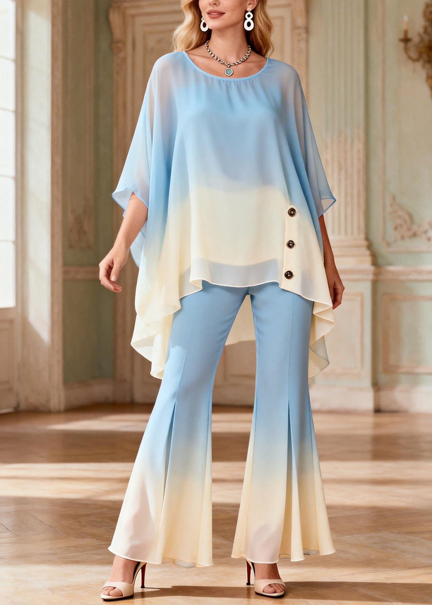 Gradient Color Blue O-neck Top and Flared Trousers Two Pieces Set Flare Sleeve