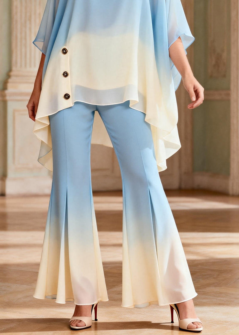 Gradient Color Blue O-neck Top and Flared Trousers Two Pieces Set Flare Sleeve