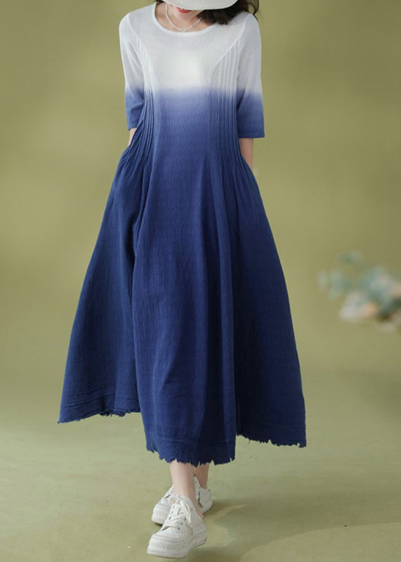 Gradient Color Blue O-neck Wrinkled Ramie Long Dress Short Sleeve
