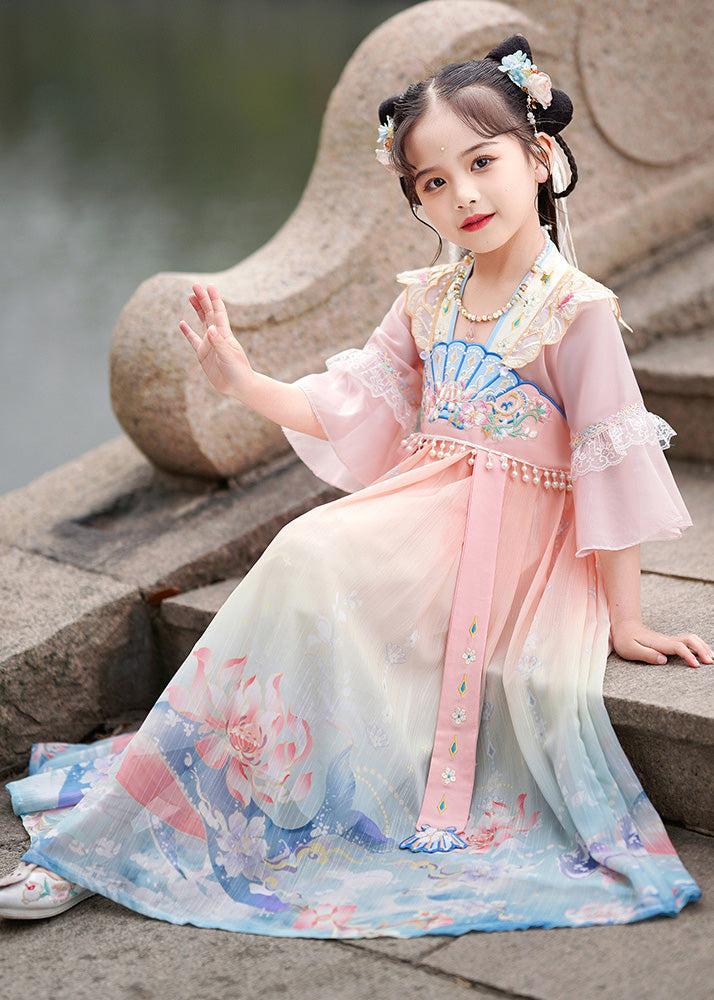 Gradient Color Print Lace Patchwork Tassel Holiday Long Dress Summer