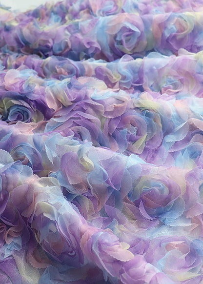 Gradient Color Purple Embroideried Elastic Waist Tulle Maxi Skirt Long Sleeve