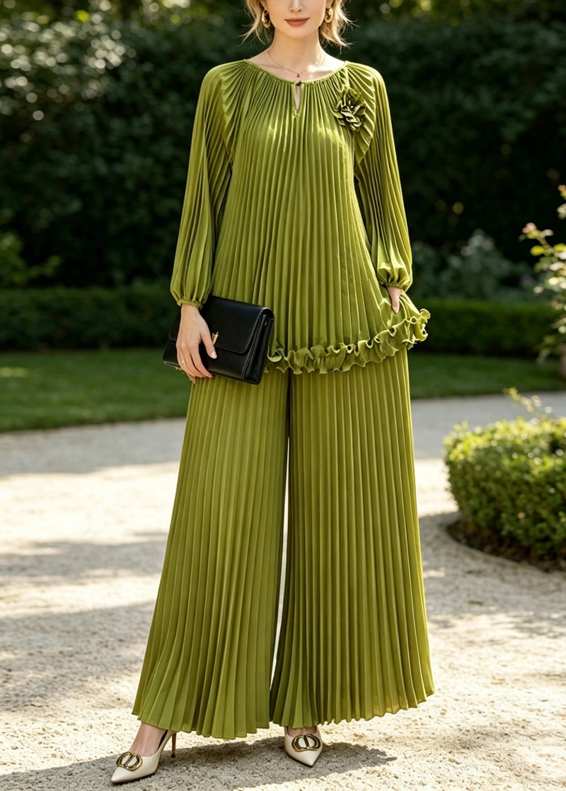 Grass Green Draping Chiffon Two Piece Set Clothing Wrinkled Spring