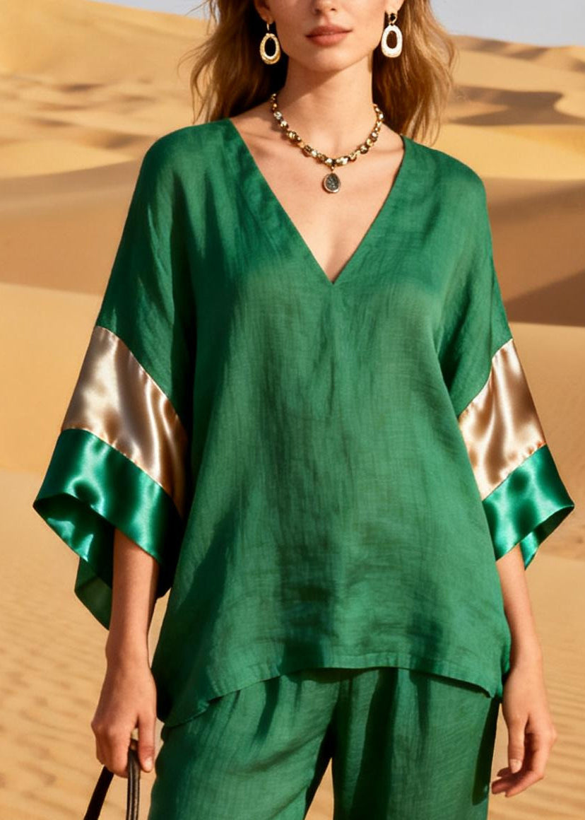 Grass Green Patchwork Linen Silk Two Pieces Set V Neck Summer