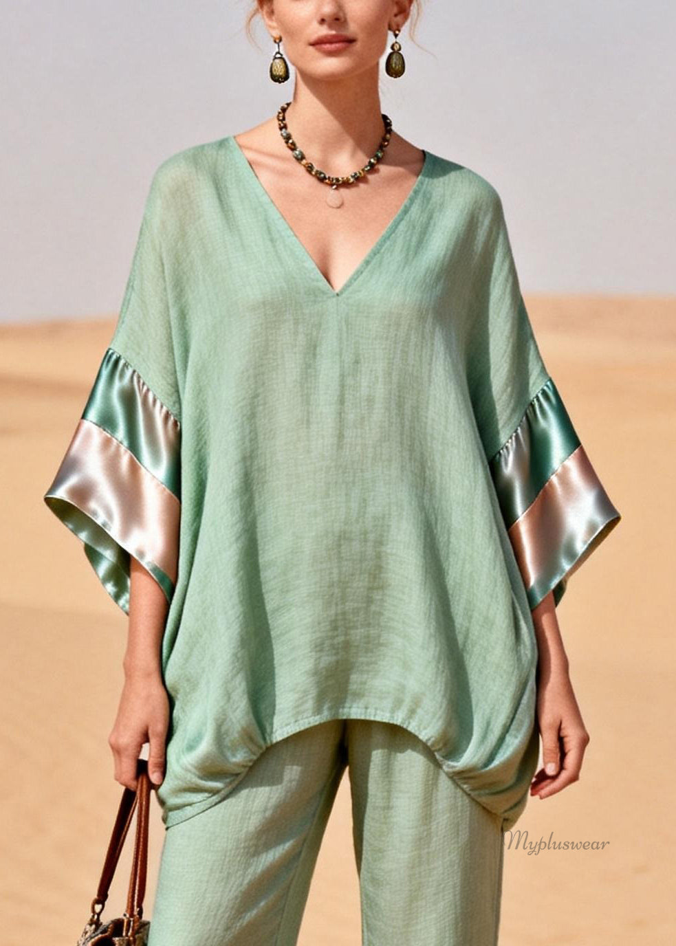 Green Cinched Silk Patchwork Linen Two Pieces Set V Neck Bracelet Sleeve