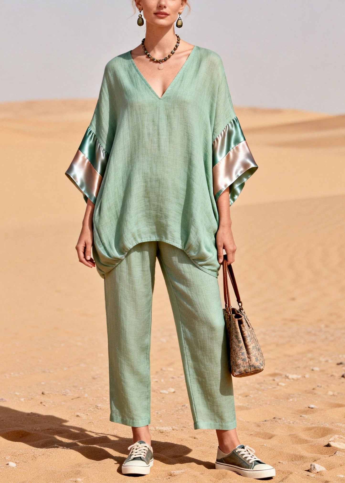 Green Cinched Silk Patchwork Linen Two Pieces Set V Neck Bracelet Sleeve