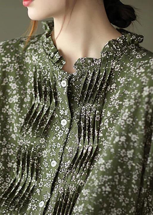 Green Cotton Linen Pleated Breasted Short Sleeve Dress
