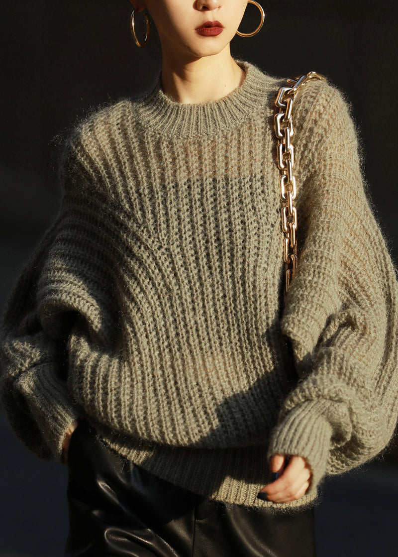 Green Cozy Ma Hai Mao Knit Sweater Lantern Sleeve Long Sleeve