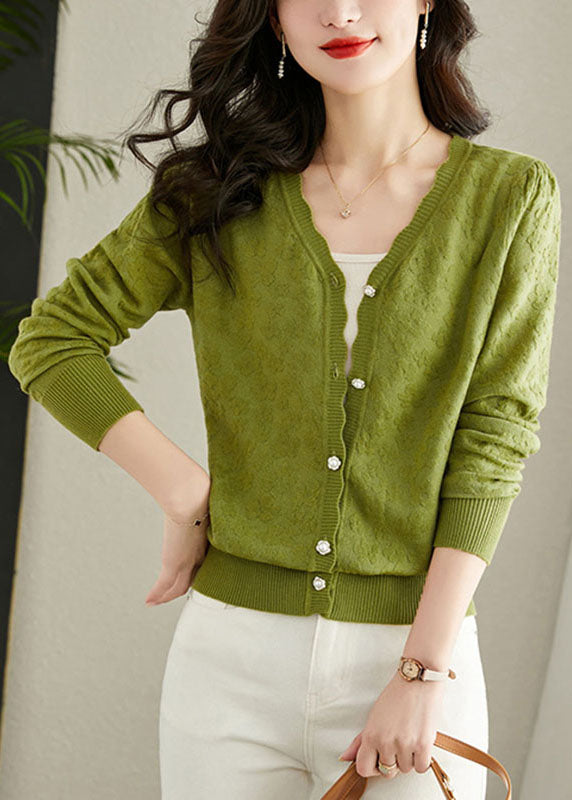 Green Embroidered Button Knit Cardigans Fall