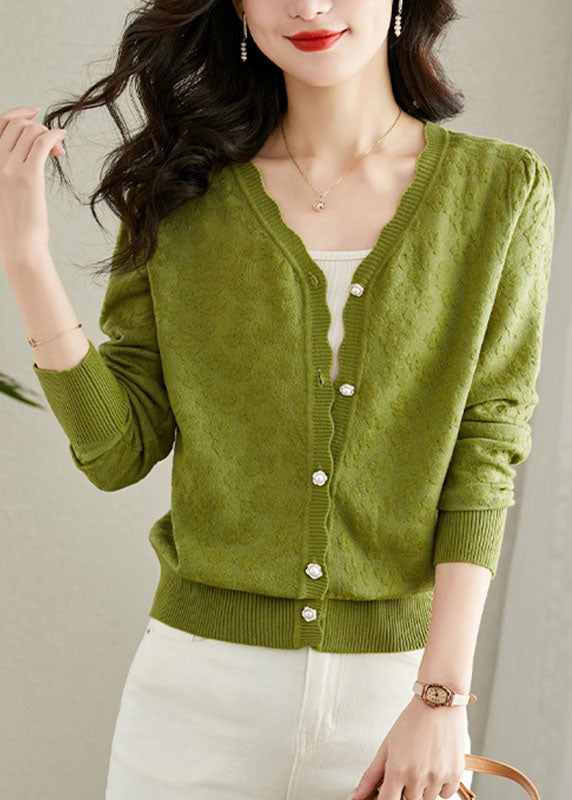 Green Embroidered Button Knit Cardigans Fall