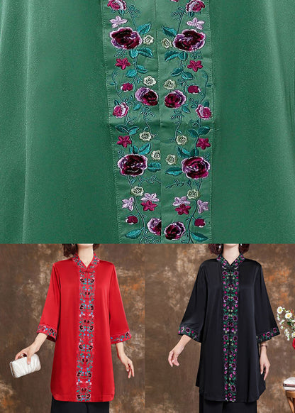 Green Embroidered Patchwork Silk Shirts Spring