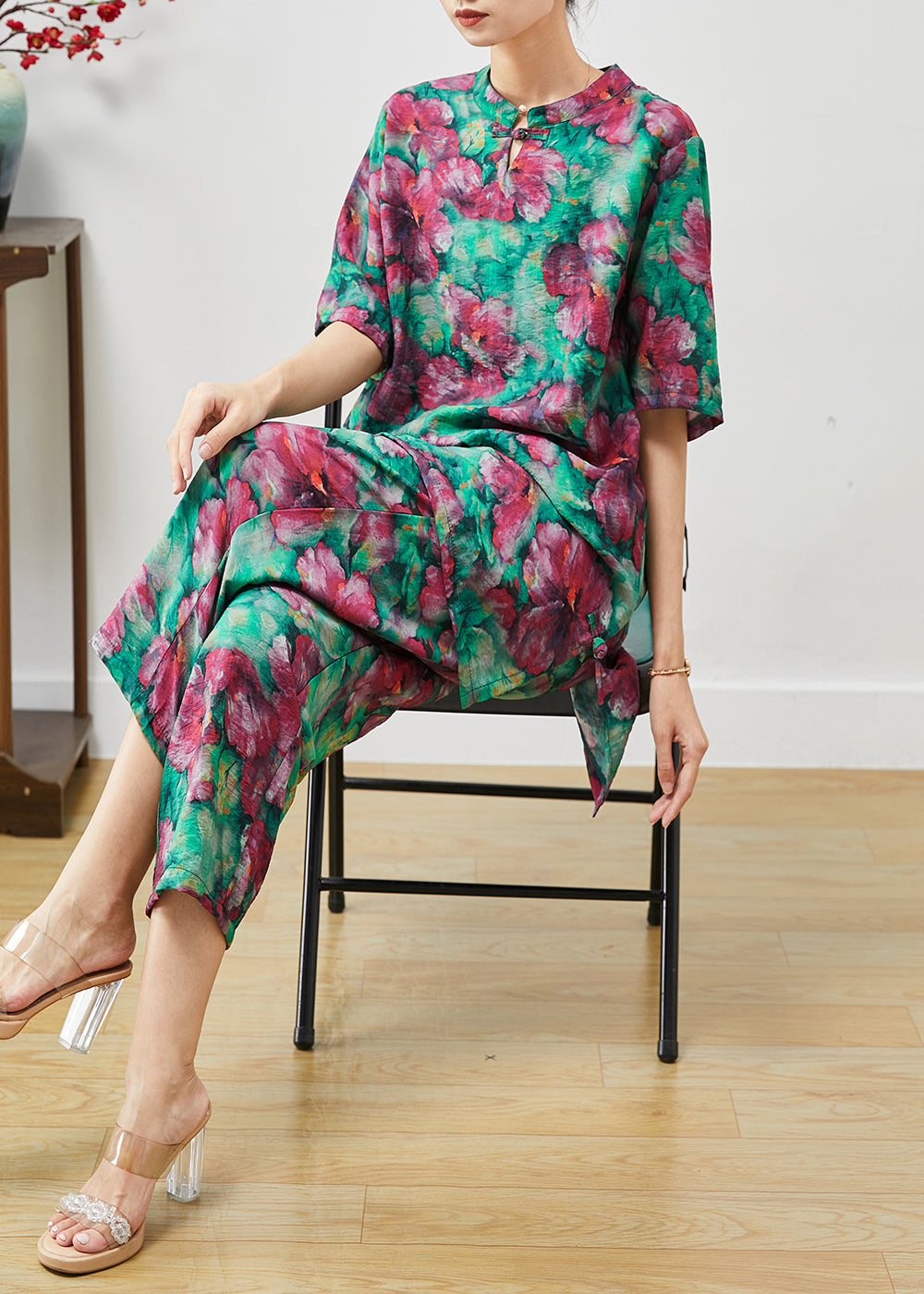 Green Print Linen Two Pieces Set Chinese Button Summer