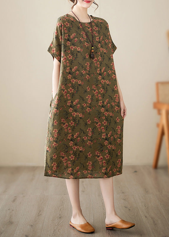 Green O-neck Cozy Long Dress Short Sleeve