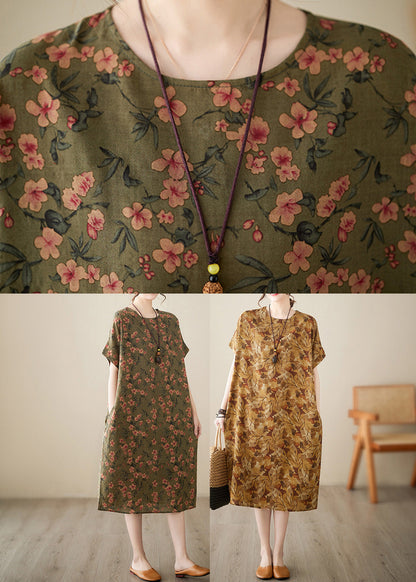 Green O-neck Cozy Long Dress Short Sleeve