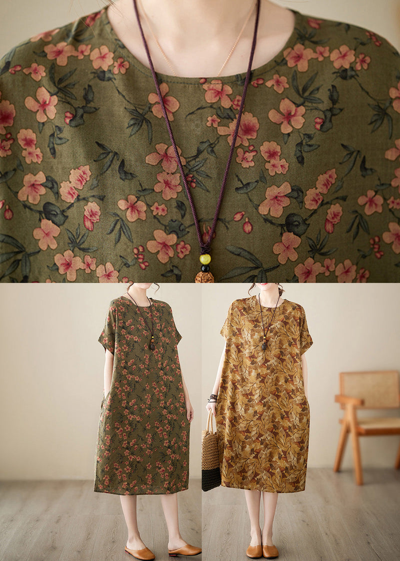 Green O-neck Cozy Long Dress Short Sleeve