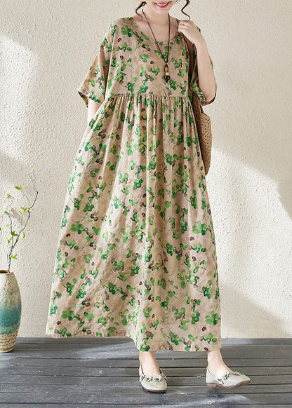 Green O-neck Print Long Dresses Summer