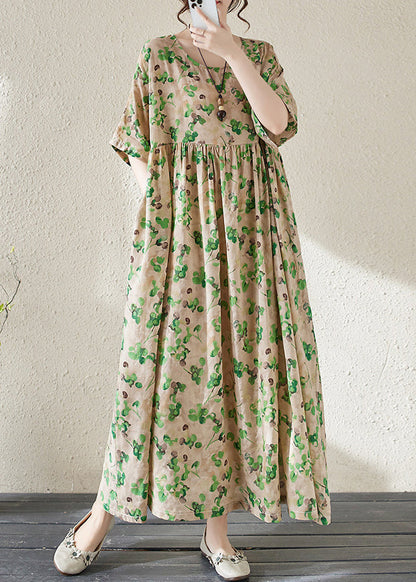 Green O-neck Print Long Dresses Summer