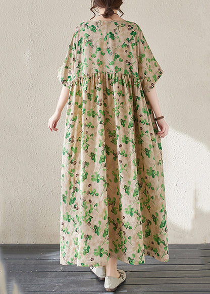 Green O-neck Print Long Dresses Summer