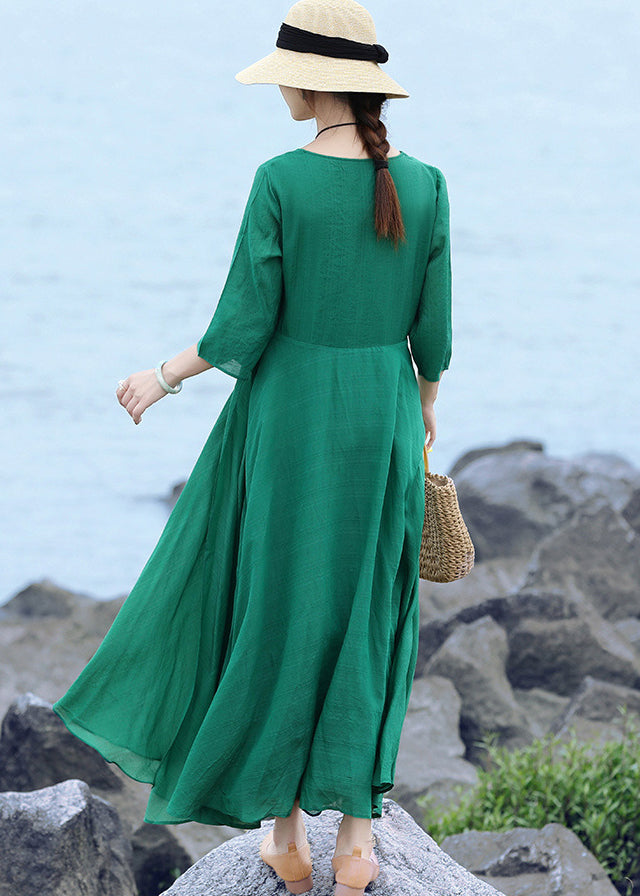 Green Original Layered Long Dress Tie Waist Three Quarter Sleeve