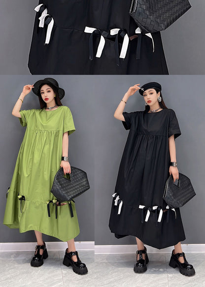 Green Patchwork Cotton Loose Dresses Ruffles Short Sleeve