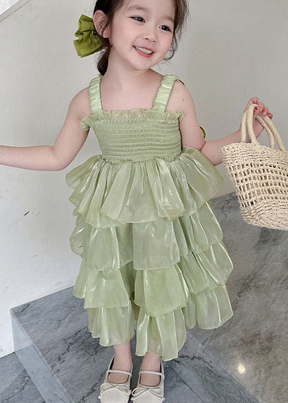 Green Patchwork Tulle Kids Long Dresses Wrinkled Summer
