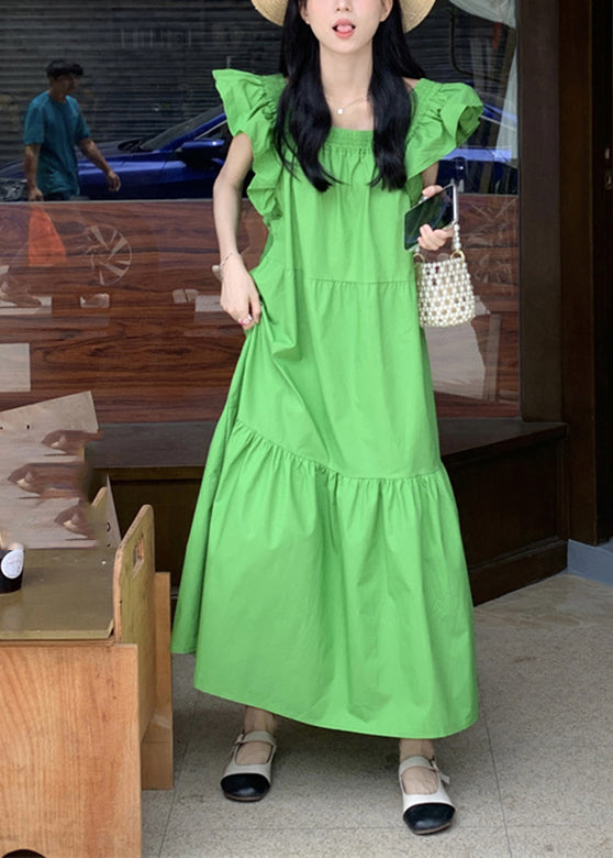 Green Patchwork Wrinkled Long Dresses Short Sleeve