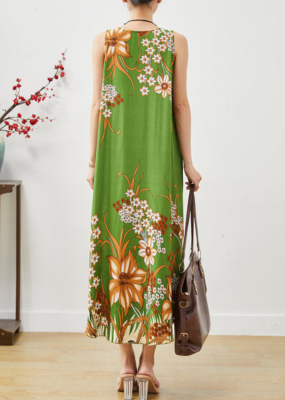 Green Print Cotton a Line Dresses Oversized Sleeveless