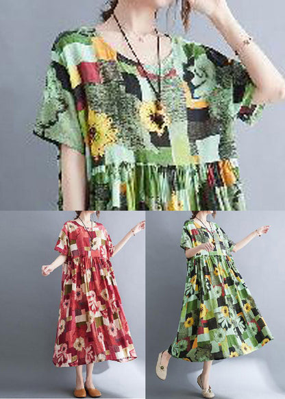 Green Print Cotton Vacation Dress Oversized Exra Large Hem Summer