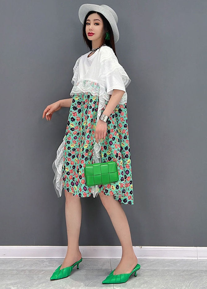 Green Print Lace Patchwork Party Dress O-neck Short Sleeve